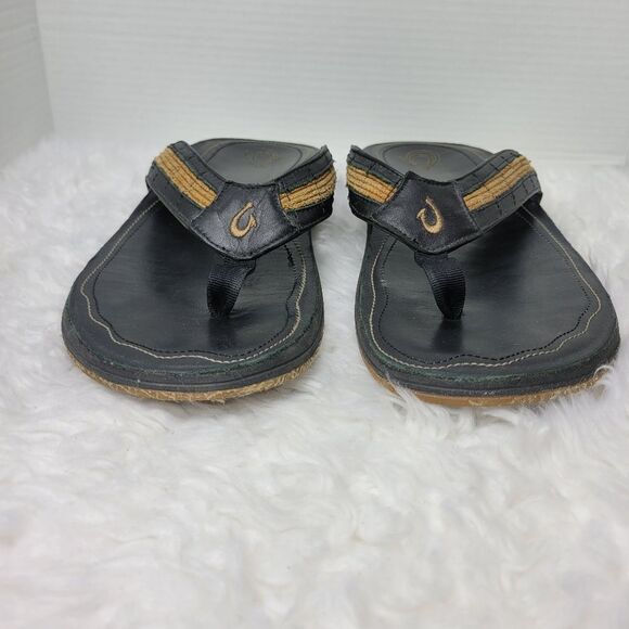 Olukai Kukui Men's Sandals Size 12 Black Leather Flip Flops Thongs Shoes - Picture 2 of 9